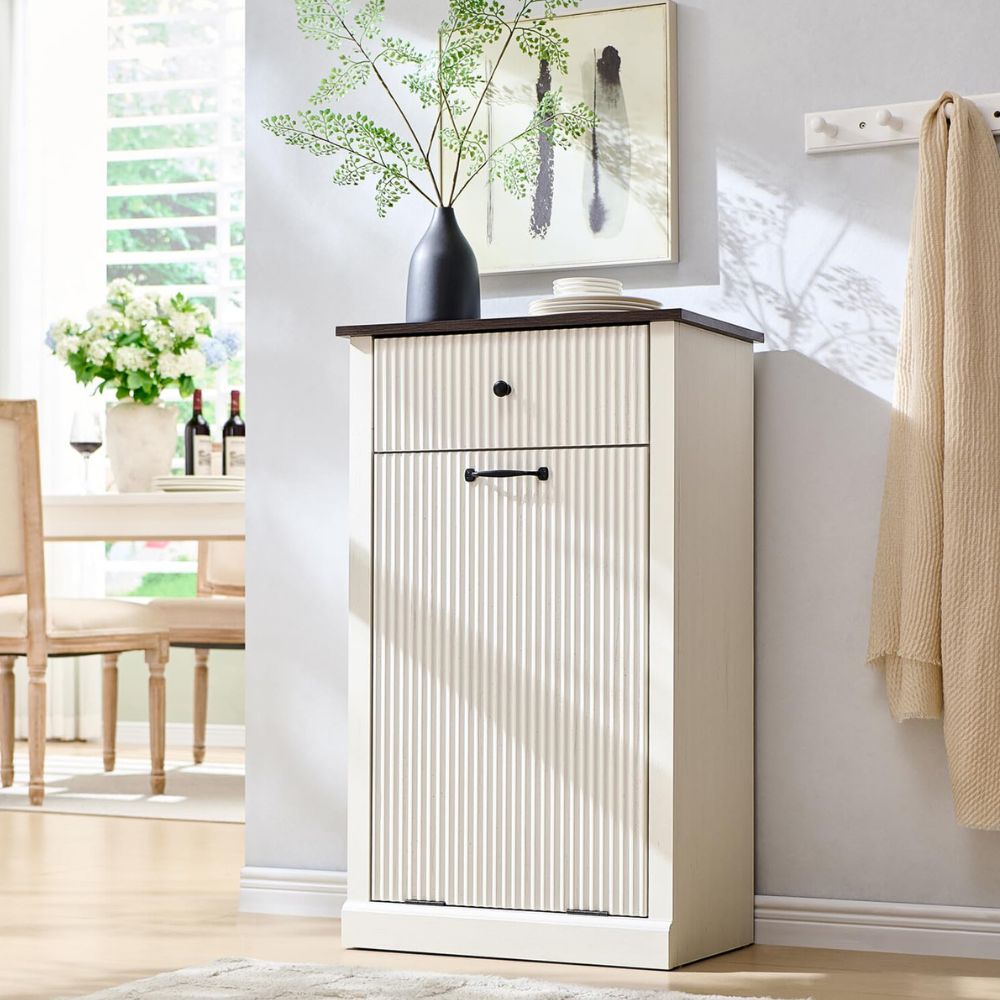 10 Gallon Tilt-Out Trash Can Cabinet with One Drawer & Fluted Design