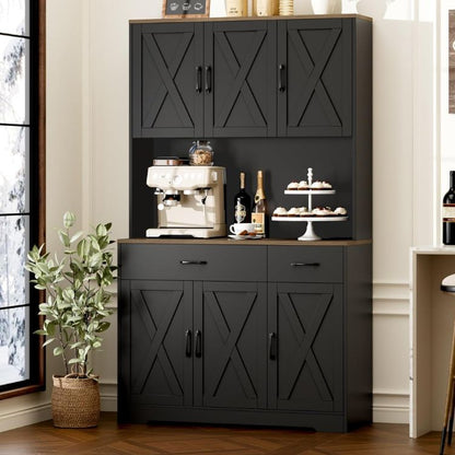 Kitchen Pantry Storage Cabinet with Barn Doors & Hutch Storage Drawers