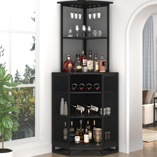 Corner Bar Wine Storage Cabinet with Adjustable Shelf & Glass Holder