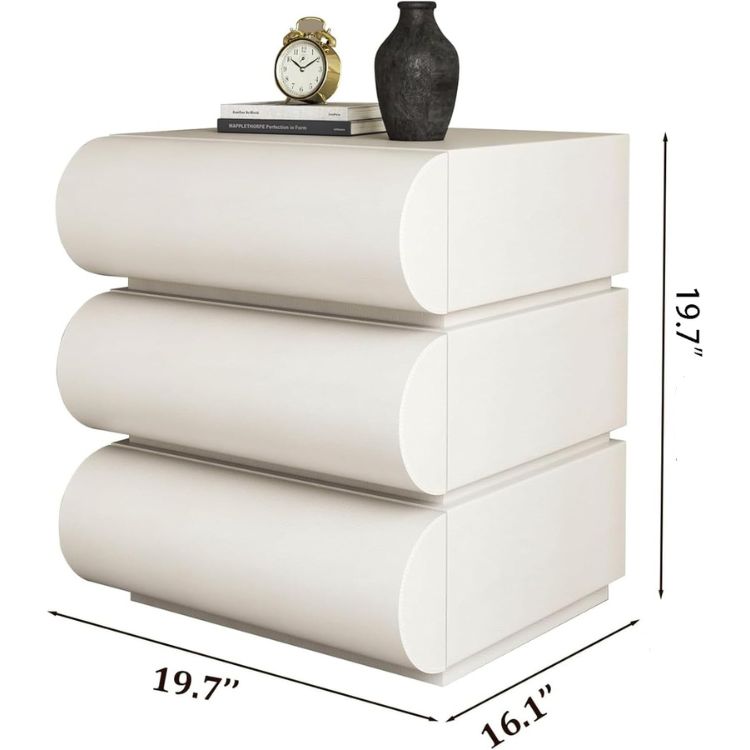 Leather Wrapped Nightstand with 3 Wooden Drawers & Curved Designed