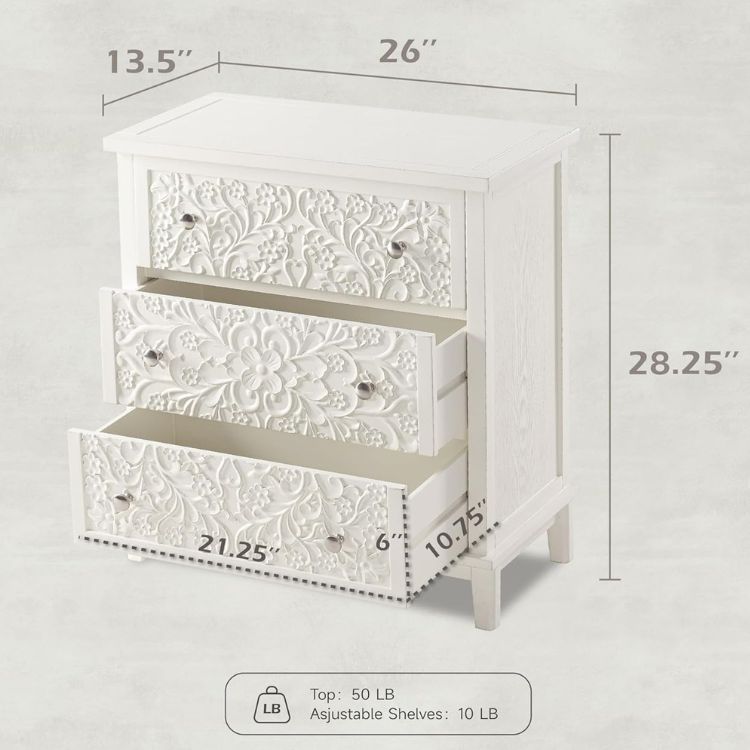 Set of 2 Flower Motif 3-Drawer Nightstands with Distressed White Wash Finish
