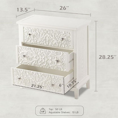 Set of 2 Flower Motif 3-Drawer Nightstands with Distressed White Wash Finish