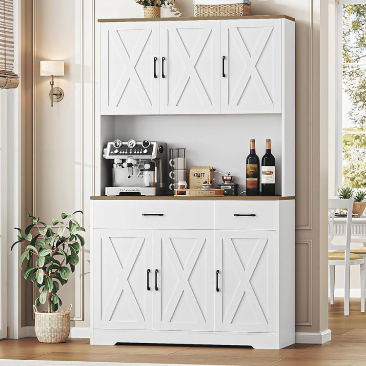 Kitchen Pantry Storage Cabinet with Barn Doors & Hutch Storage Drawers