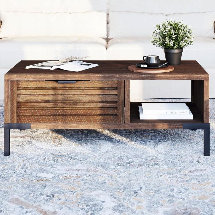 Coffee Table with Slatted Storage Drawers & Supporting Metal Legs