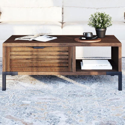 Coffee Table with Slatted Storage Drawers & Supporting Metal Legs
