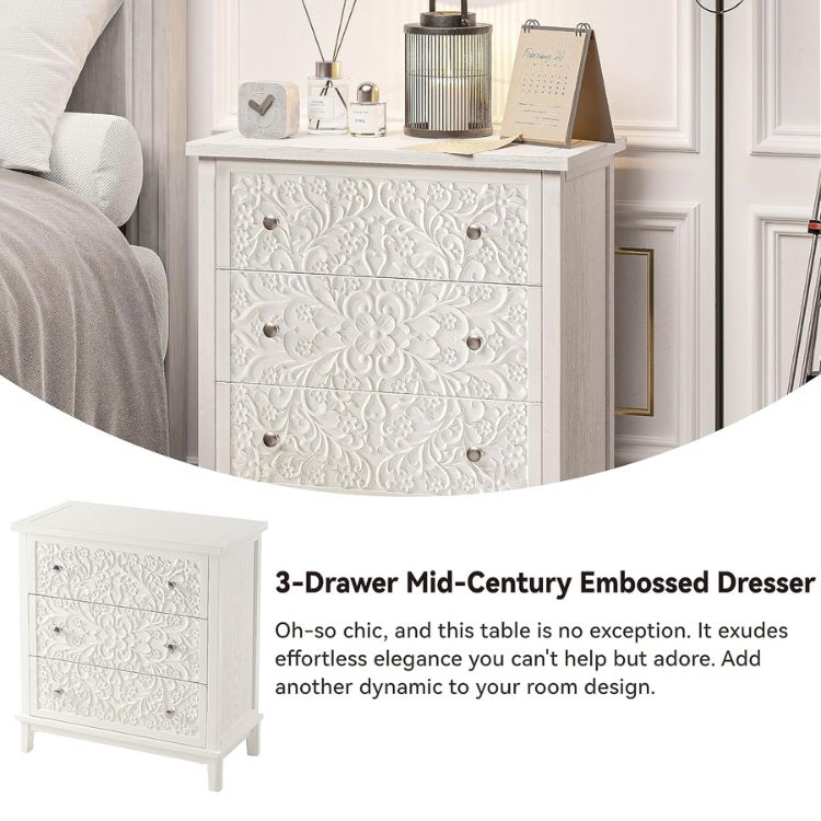 Set of 2 Flower Motif 3-Drawer Nightstands with Distressed White Wash Finish