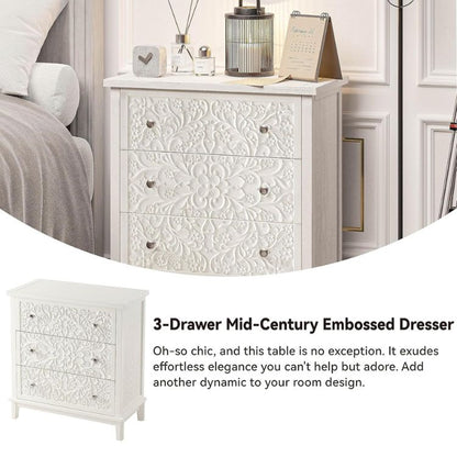 Set of 2 Flower Motif 3-Drawer Nightstands with Distressed White Wash Finish