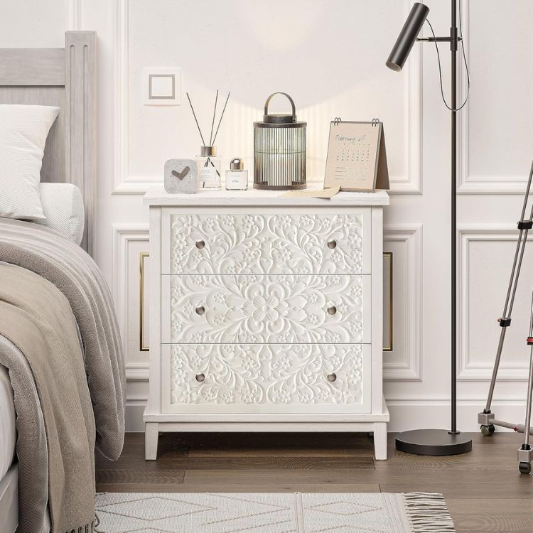 Set of 2 Flower Motif 3-Drawer Nightstands with Distressed White Wash Finish