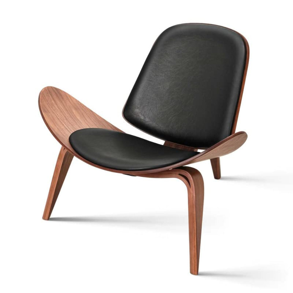 Mid Century Shell Lounge Chair, Faux Leather, Solid Wood