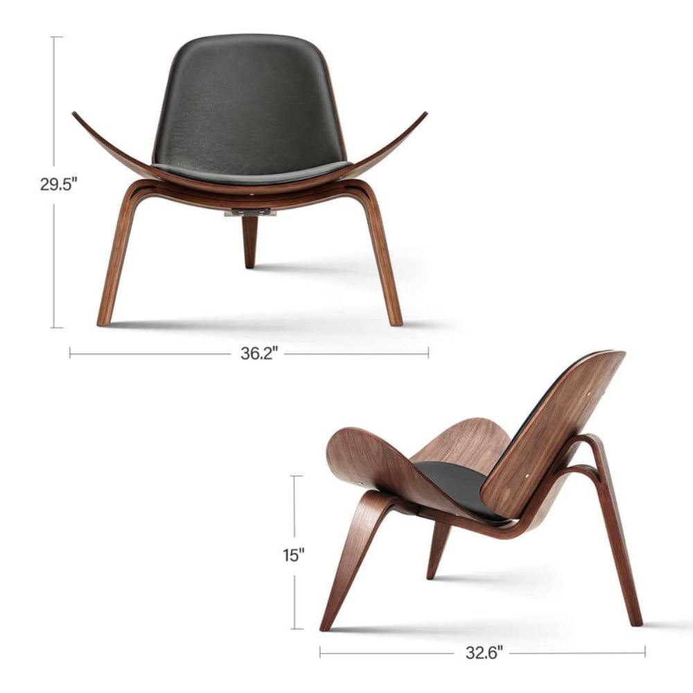 Mid Century Shell Lounge Chair, Faux Leather, Solid Wood