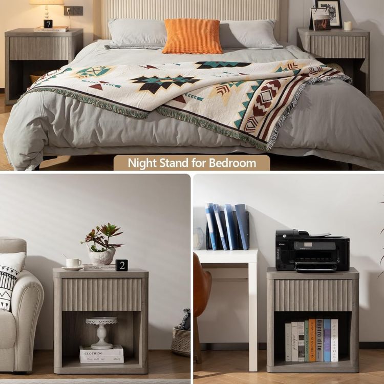 Set of 2 Wooden Nightstands with Ample Storage Space & Sleek Curve Profile