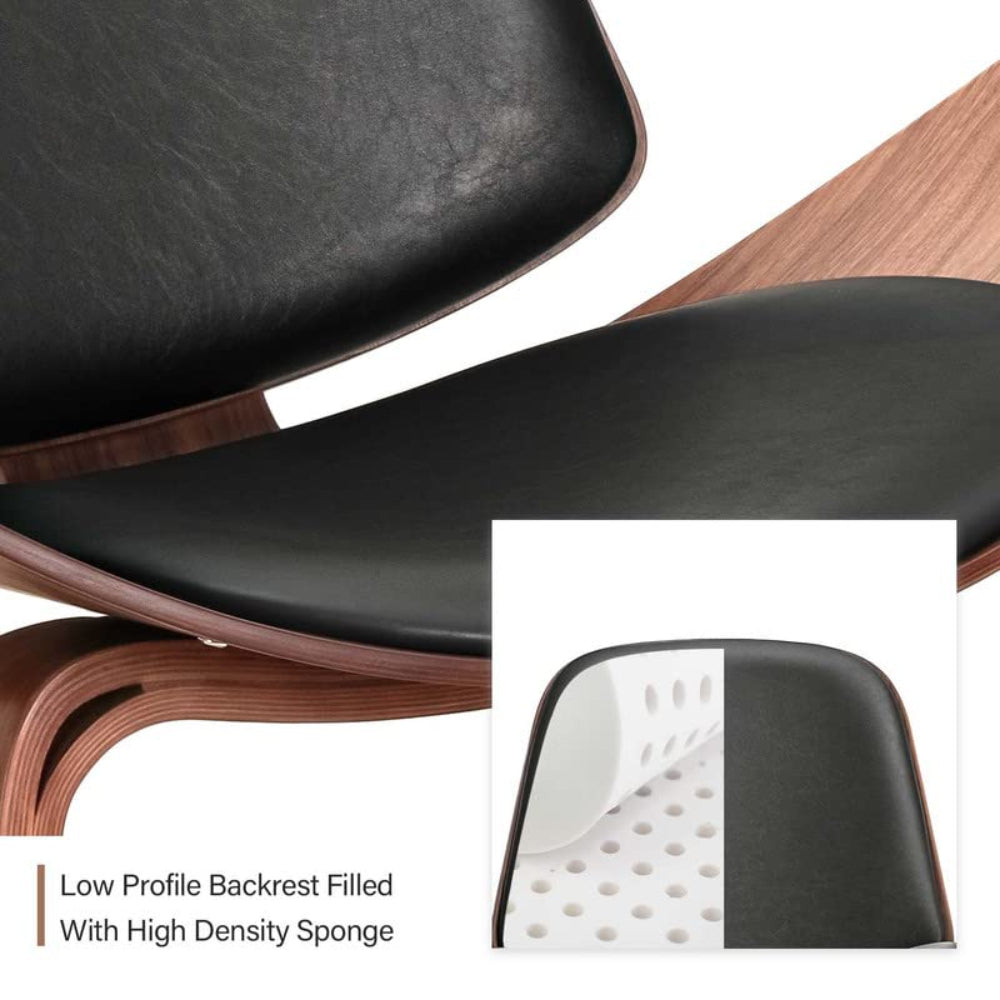 Mid Century Shell Lounge Chair, Faux Leather, Solid Wood