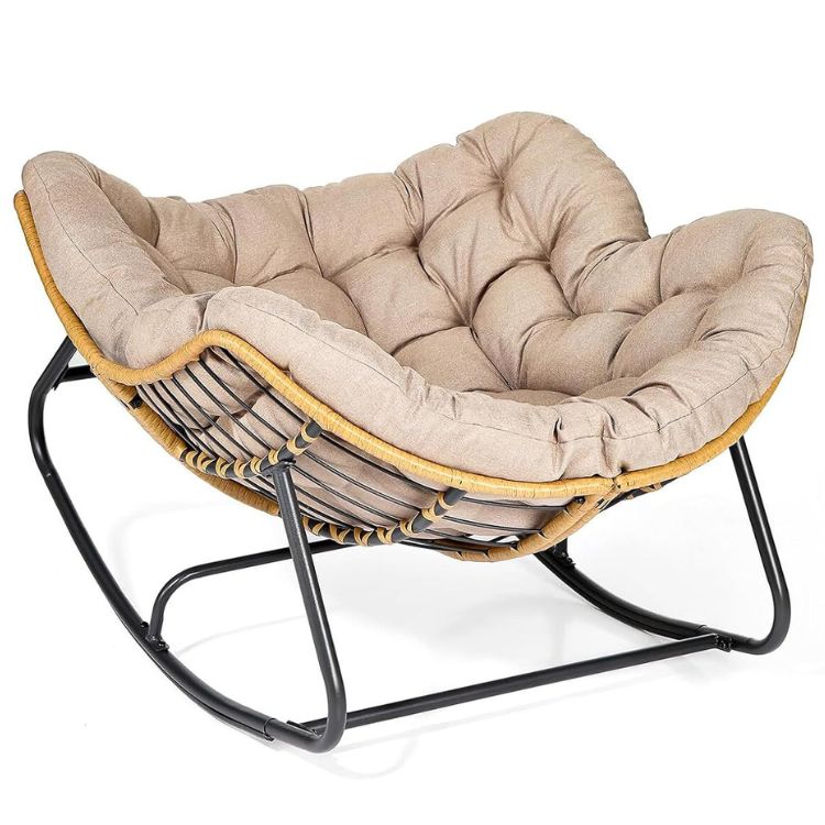 Rattan Wicker Lounge Outdoor Rocking Chair with Thick Cushion