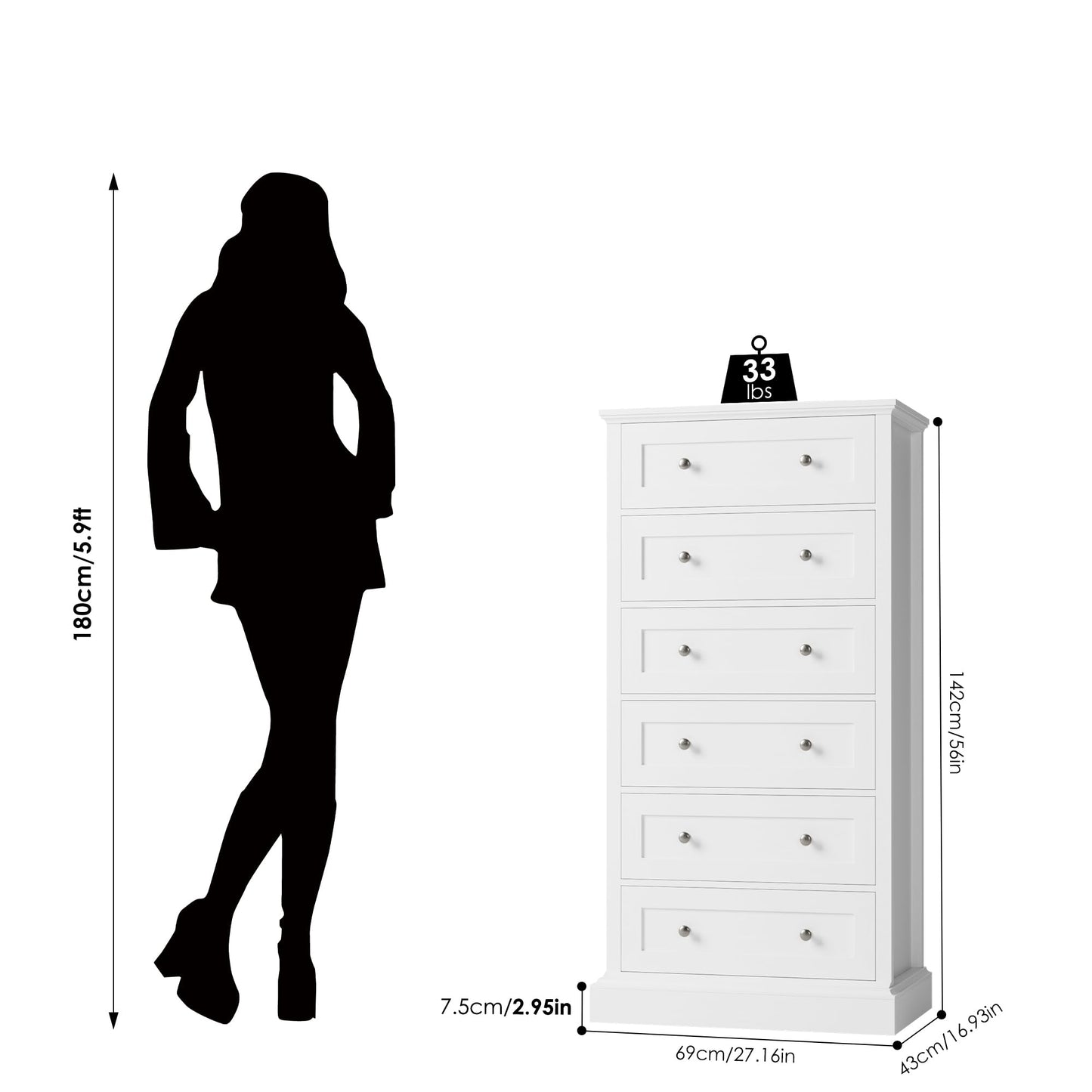 White 6-Drawer Dresser, 56" Tall with Metal Handles