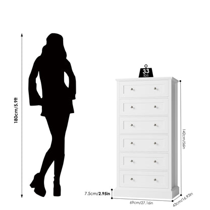 White 6-Drawer Dresser, 56" Tall with Metal Handles
