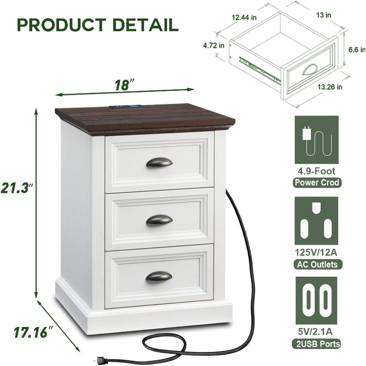 Farmhouse Wooden Nightstand with 3 Drawers & USB Ports