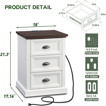 Farmhouse Wooden Nightstand with 3 Drawers & USB Ports