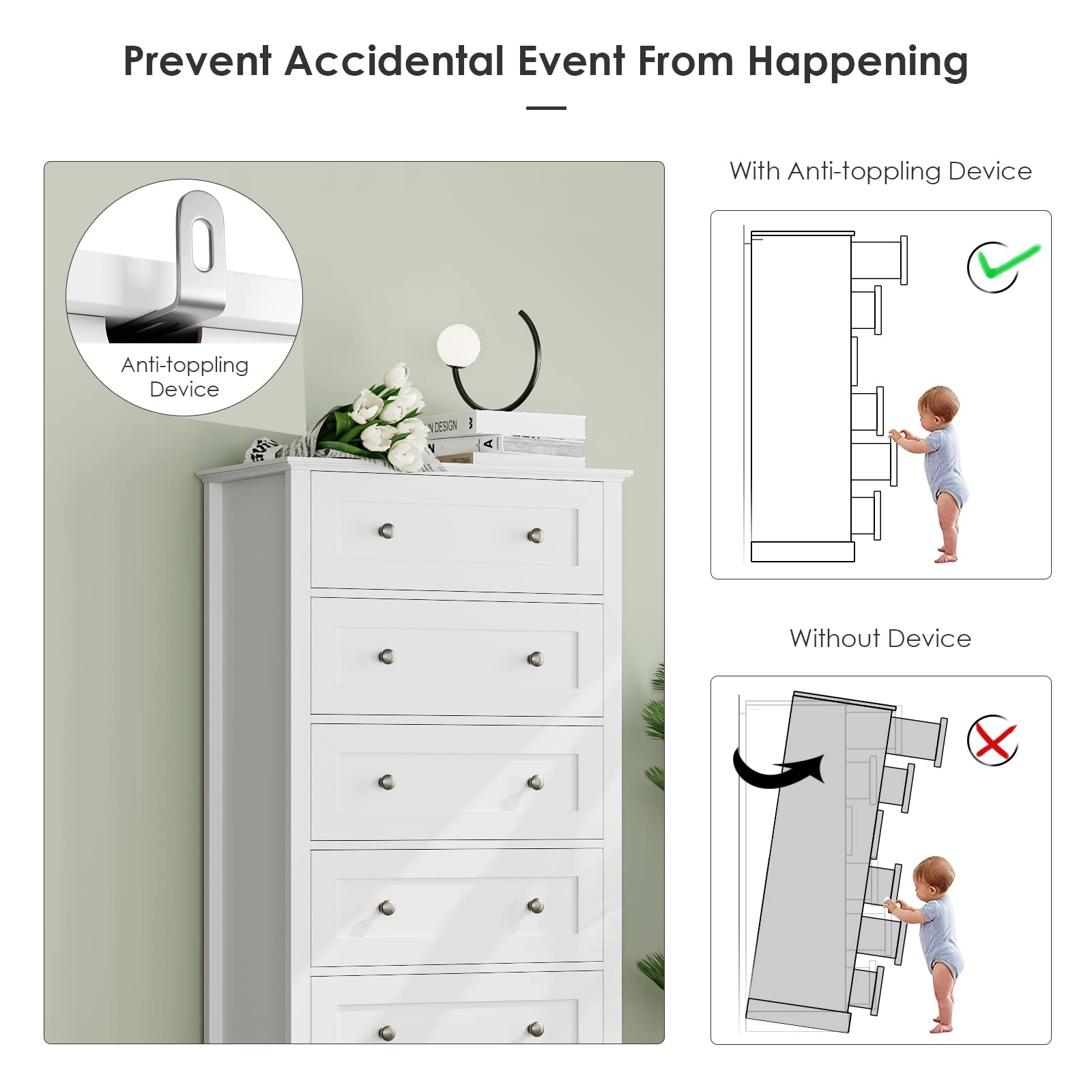 White 6-Drawer Dresser, 56" Tall with Metal Handles
