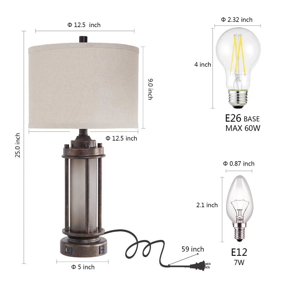 Farmhouse Lamps Set of 2 with USB & Night Light - Bronze