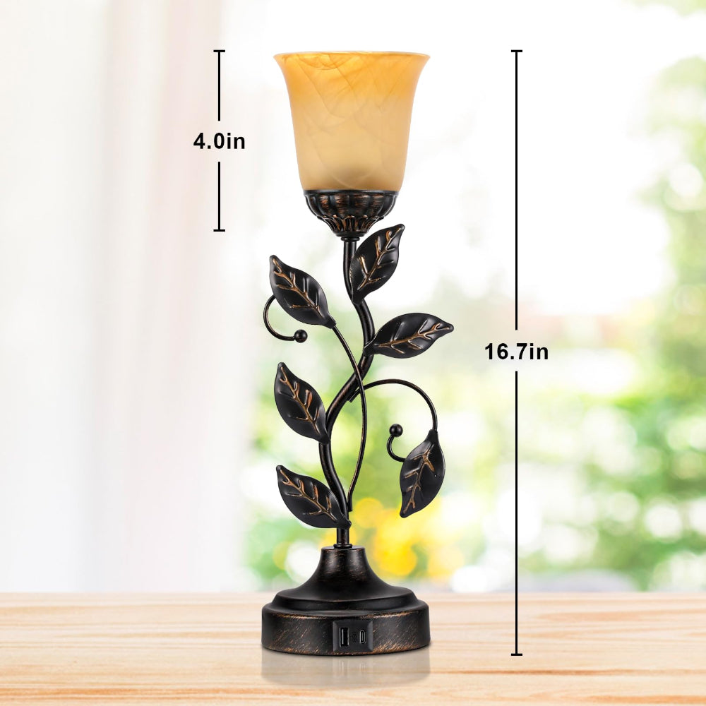 Touch Table Lamp USB Ports 3-Way Dimmable Amber Glass