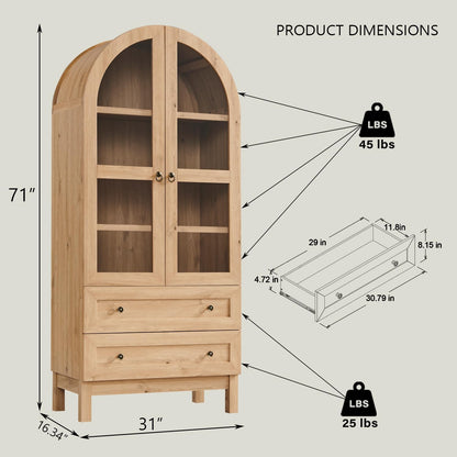 Arched Kitchen Pantry Cabinet with Glass Doors & Drawers