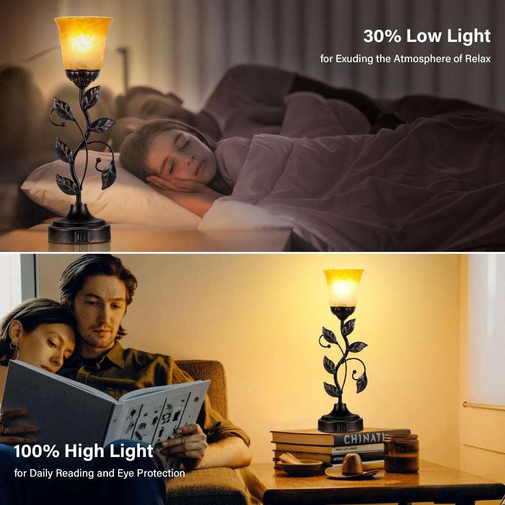 Touch Table Lamp USB Ports 3-Way Dimmable Amber Glass