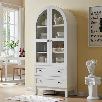 Arched Kitchen Pantry Cabinet with Glass Doors & Drawers