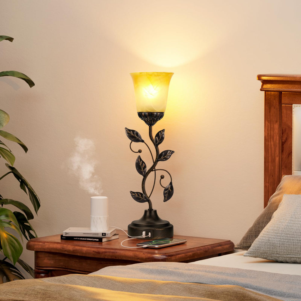 Touch Table Lamp USB Ports 3-Way Dimmable Amber Glass