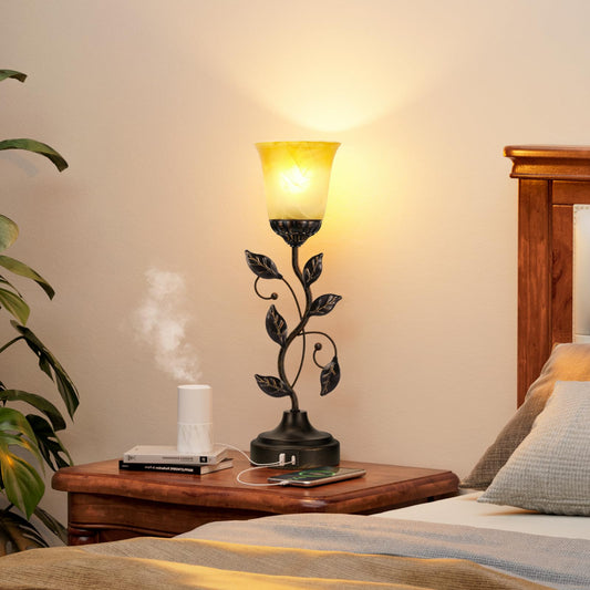 Touch Table Lamp USB Ports 3-Way Dimmable Amber Glass