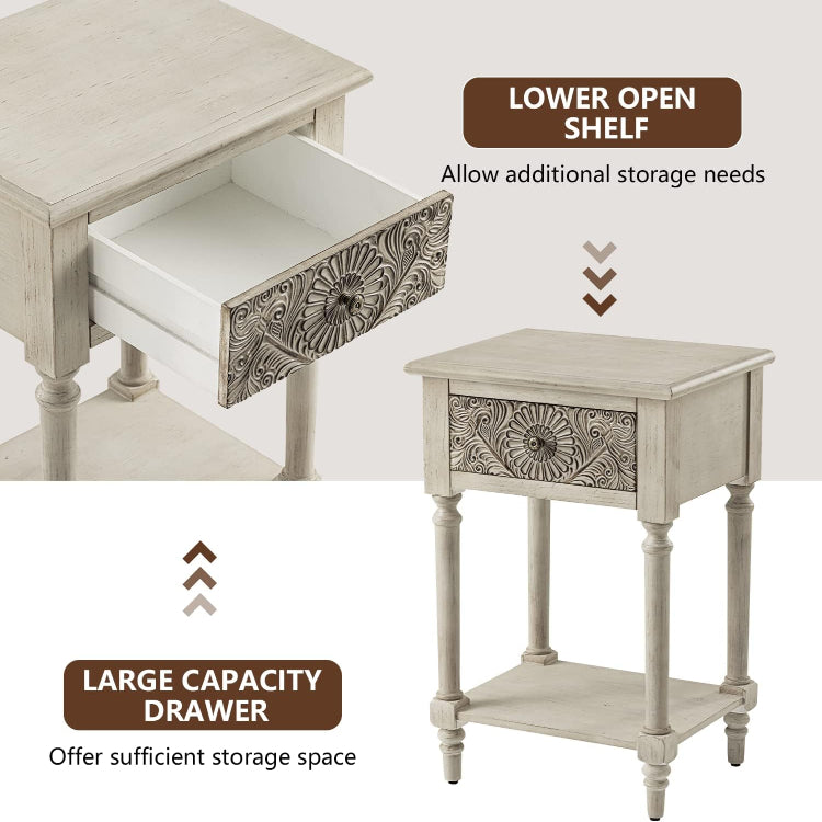 Set of 2 Vintage Nightstands with Storage Drawer & Open Display Shelf