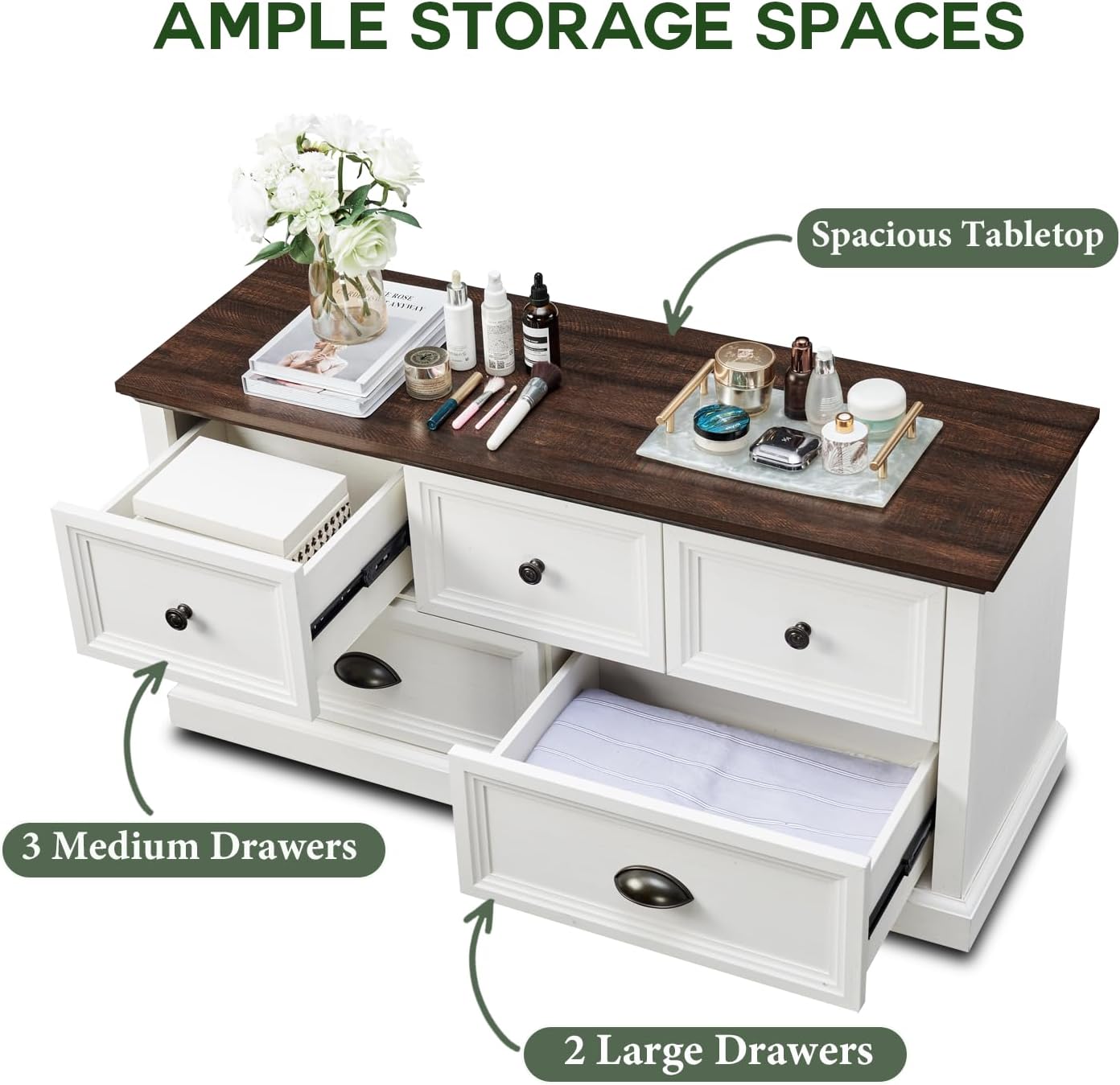 Farmhouse Wooden Dresser Bench Storage Chest with 5 Drawers