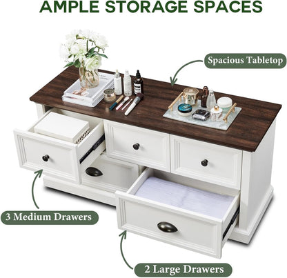 Farmhouse Wooden Dresser Bench Storage Chest with 5 Drawers