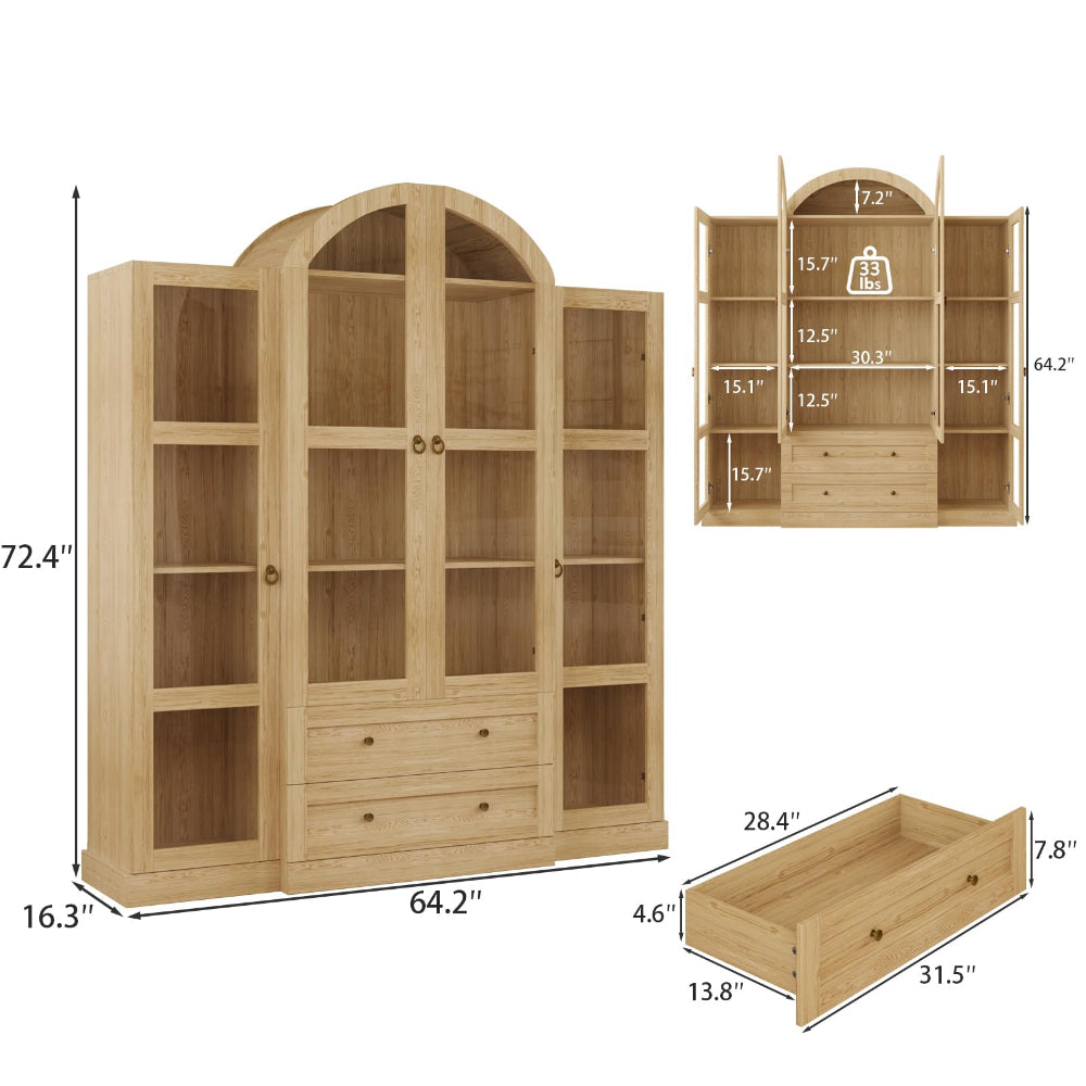 Arched Kitchen Pantry Cabinet 72.4" with Glass Doors & Drawers