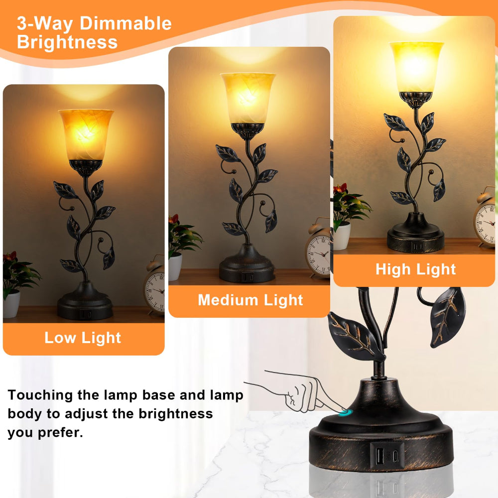 Touch Table Lamp USB Ports 3-Way Dimmable Amber Glass