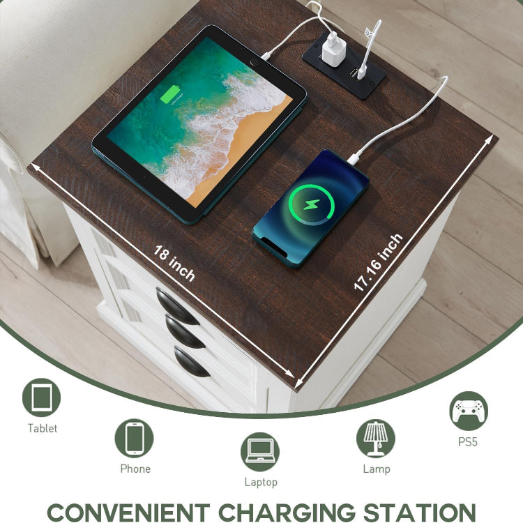 Farmhouse Wooden Nightstand with 3 Drawers & USB Ports