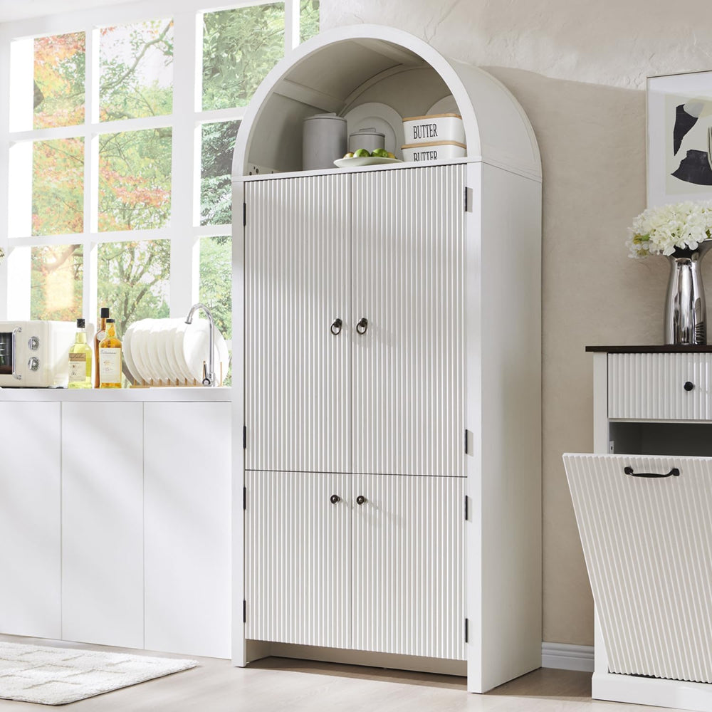 Arched Kitchen Pantry Cabinet with 6 Adjustable Shelves & Fluted Doors