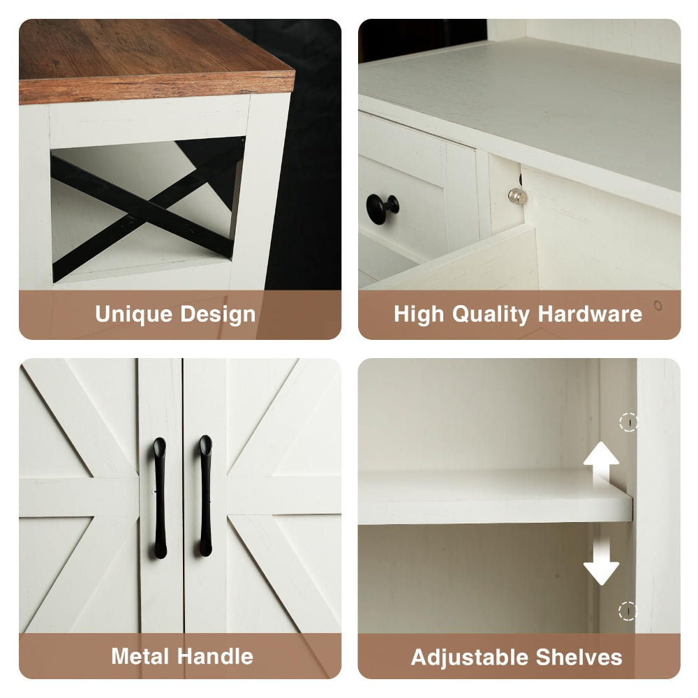 Farmhouse White Storage Cabinet with Doors & Drawers