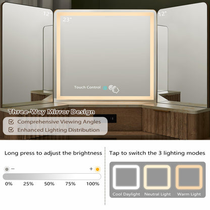 48" Corner Vanity Table w/ Mirror, Lights & Charging Station