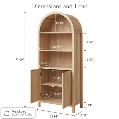 71” Arched Display Cabinet - Mid Century Bookshelf, Natural