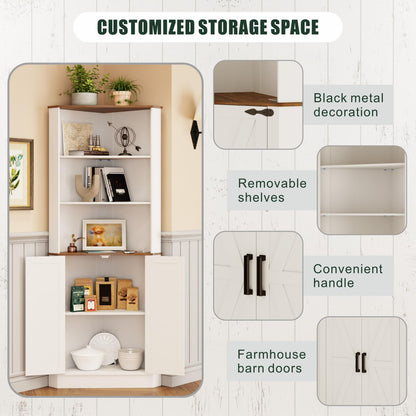 Farmhouse Corner Cabinet with LED Light - 67" Tall, White