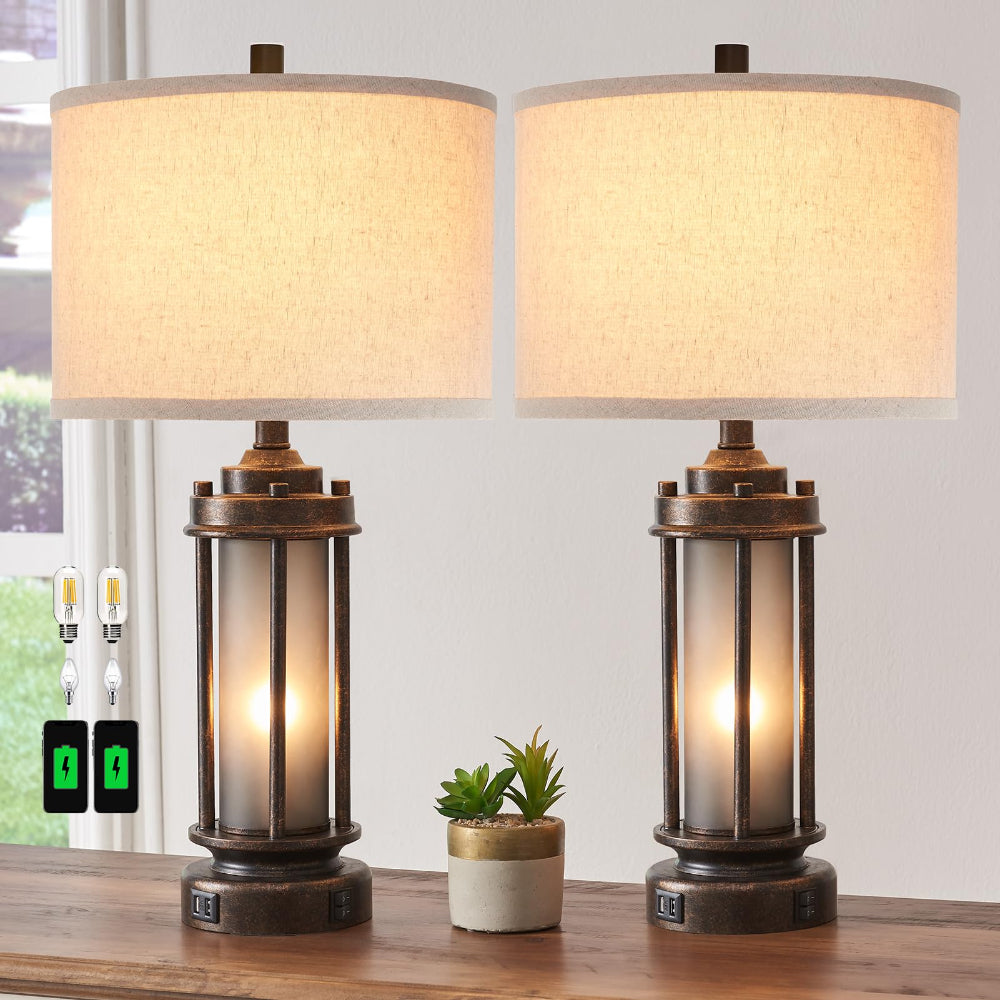 Farmhouse Lamps Set of 2 with USB & Night Light - Bronze