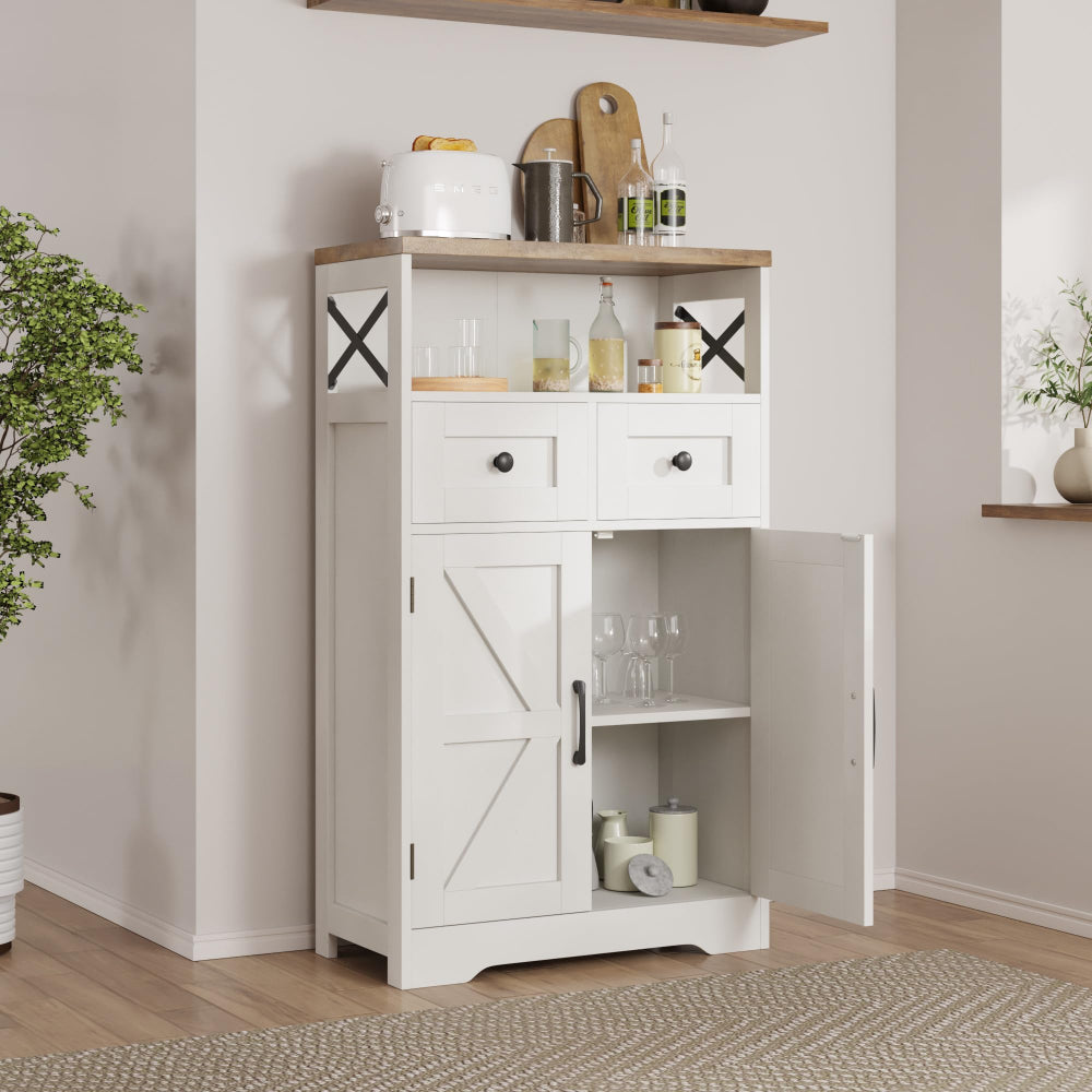 Farmhouse White Storage Cabinet with Doors & Drawers