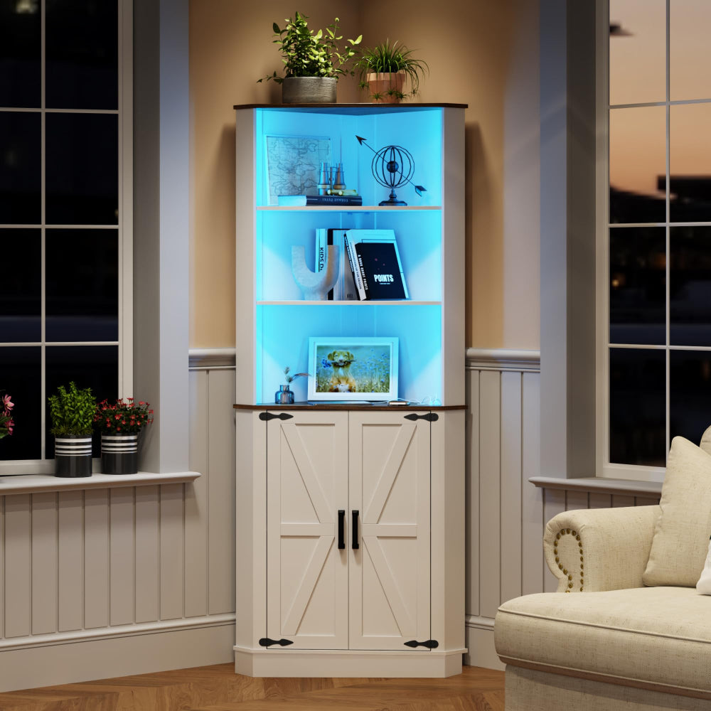 Farmhouse Corner Cabinet with LED Light - 67" Tall, White