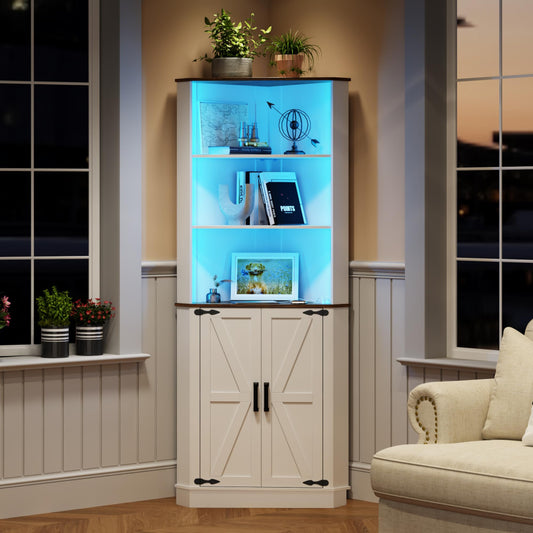 Farmhouse Corner Cabinet with LED Light - 67" Tall, White