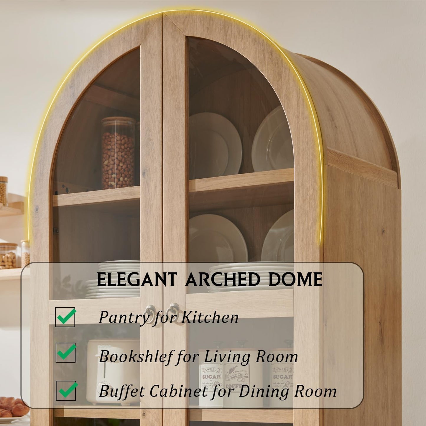 Arched Kitchen Pantry Cabinet with Glass Doors & Drawers