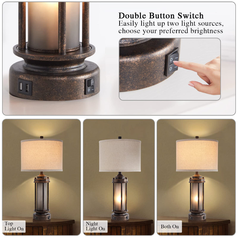 Farmhouse Lamps Set of 2 with USB & Night Light - Bronze