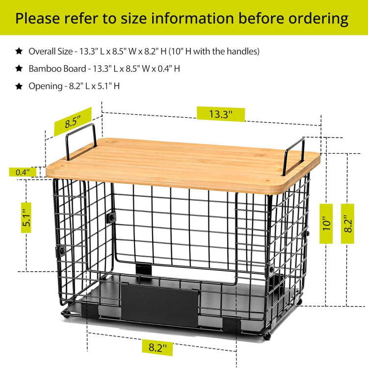 Set of 2 Kitchen Pantry Organizer Stackable Wire Basket with Bamboo Top