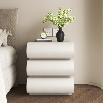 Leather Wrapped Nightstand with 3 Wooden Drawers & Curved Designed