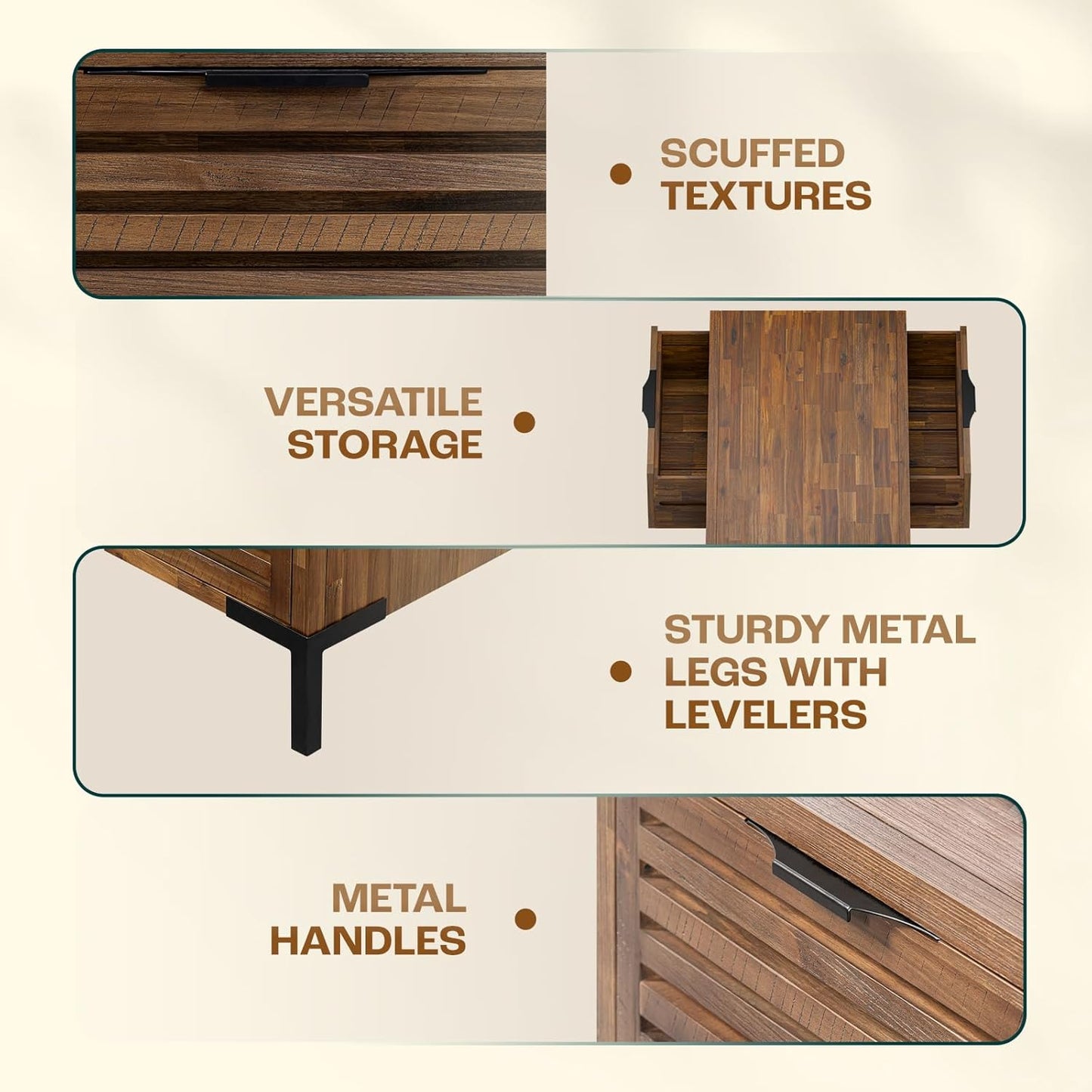 Coffee Table with Slatted Storage Drawers & Supporting Metal Legs