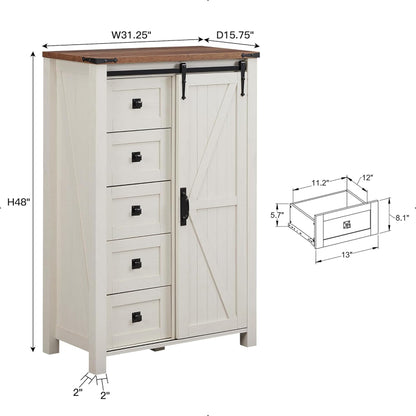 Farmhouse 5-Drawer Dresser with Sliding Barn Door & Removable Shelves